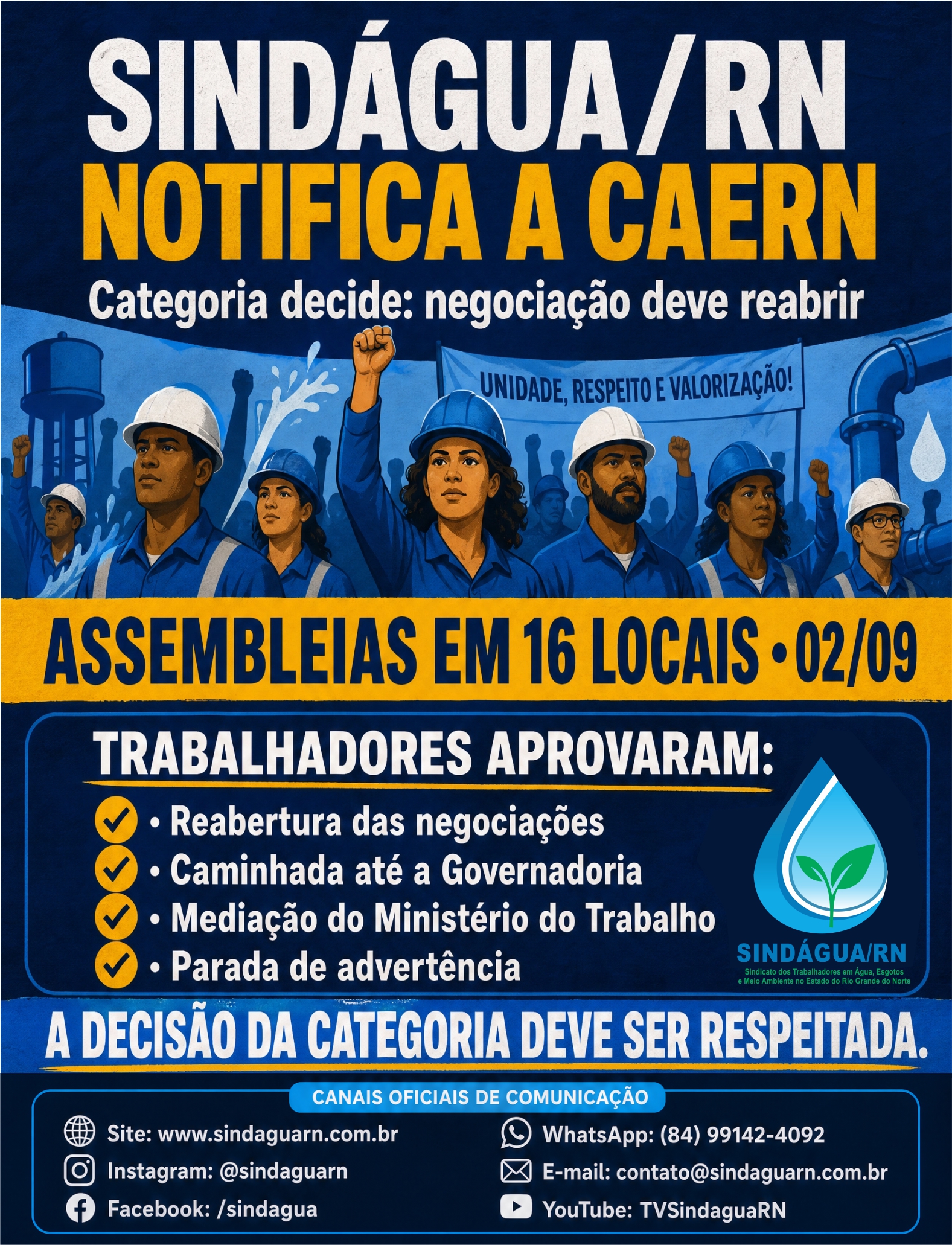 Sindágua/RN notifica a CAERN sobre decisão da categoria