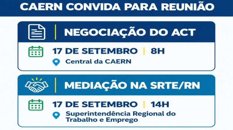 CAERN CONVIDA O SINDÁGUA/RN PARA REUNIÕES DE NEGOCIAÇÃO E MEDIAÇÃO